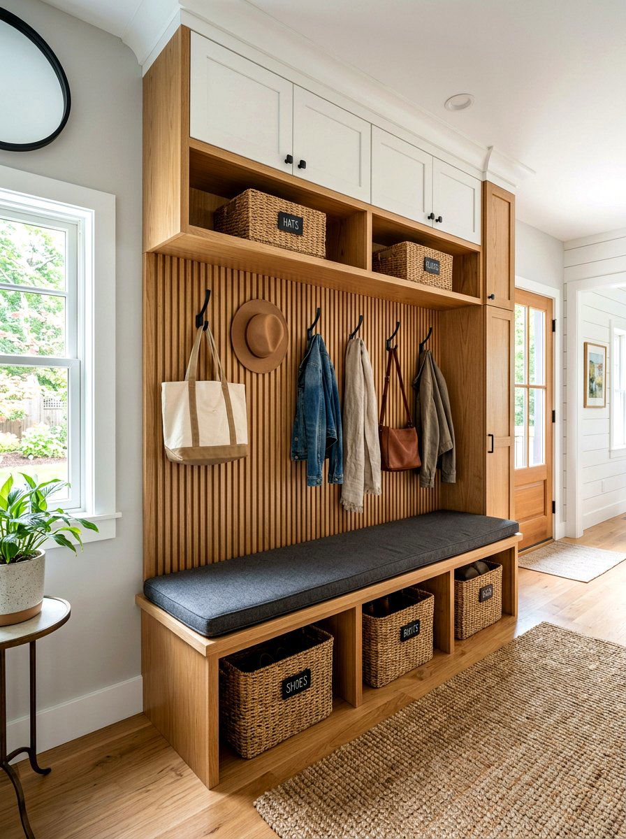 Mudroom Fluted Bench Backing - 30 fluted wood wall ideas