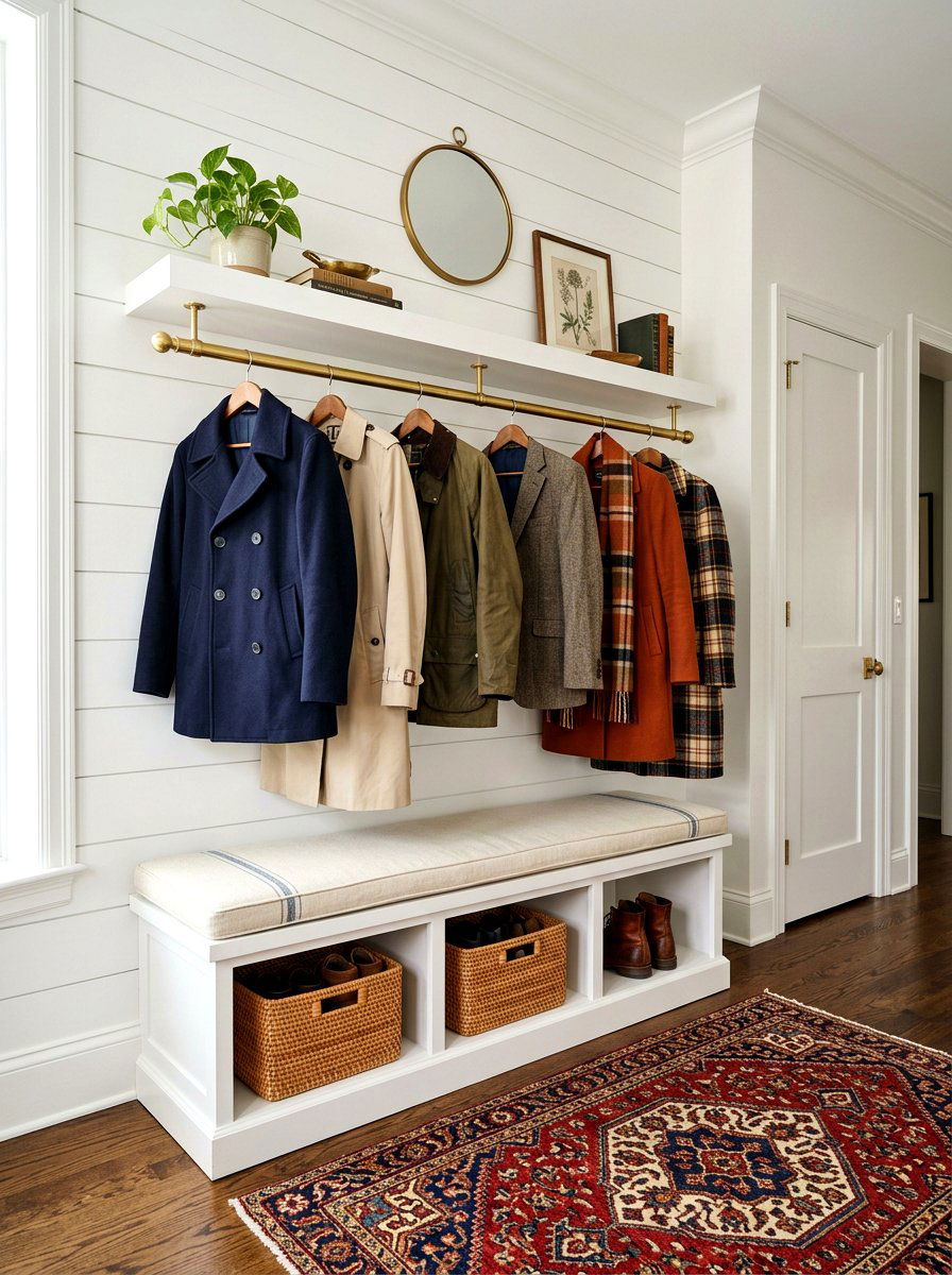 Mudroom Shelf With Brass Rod - 30 open mudroom shelving ideas