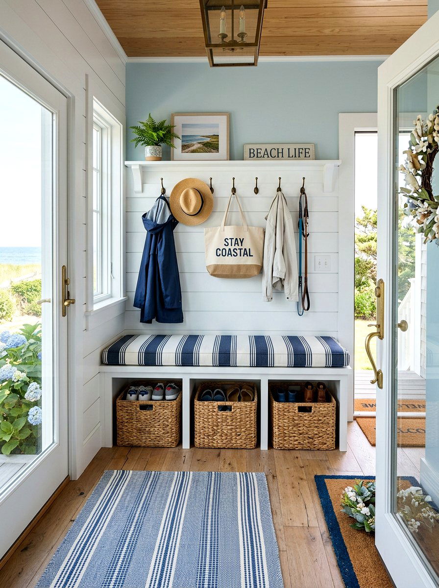 Mudroom Storage Bench - 30 no drill shelf styling ideas
