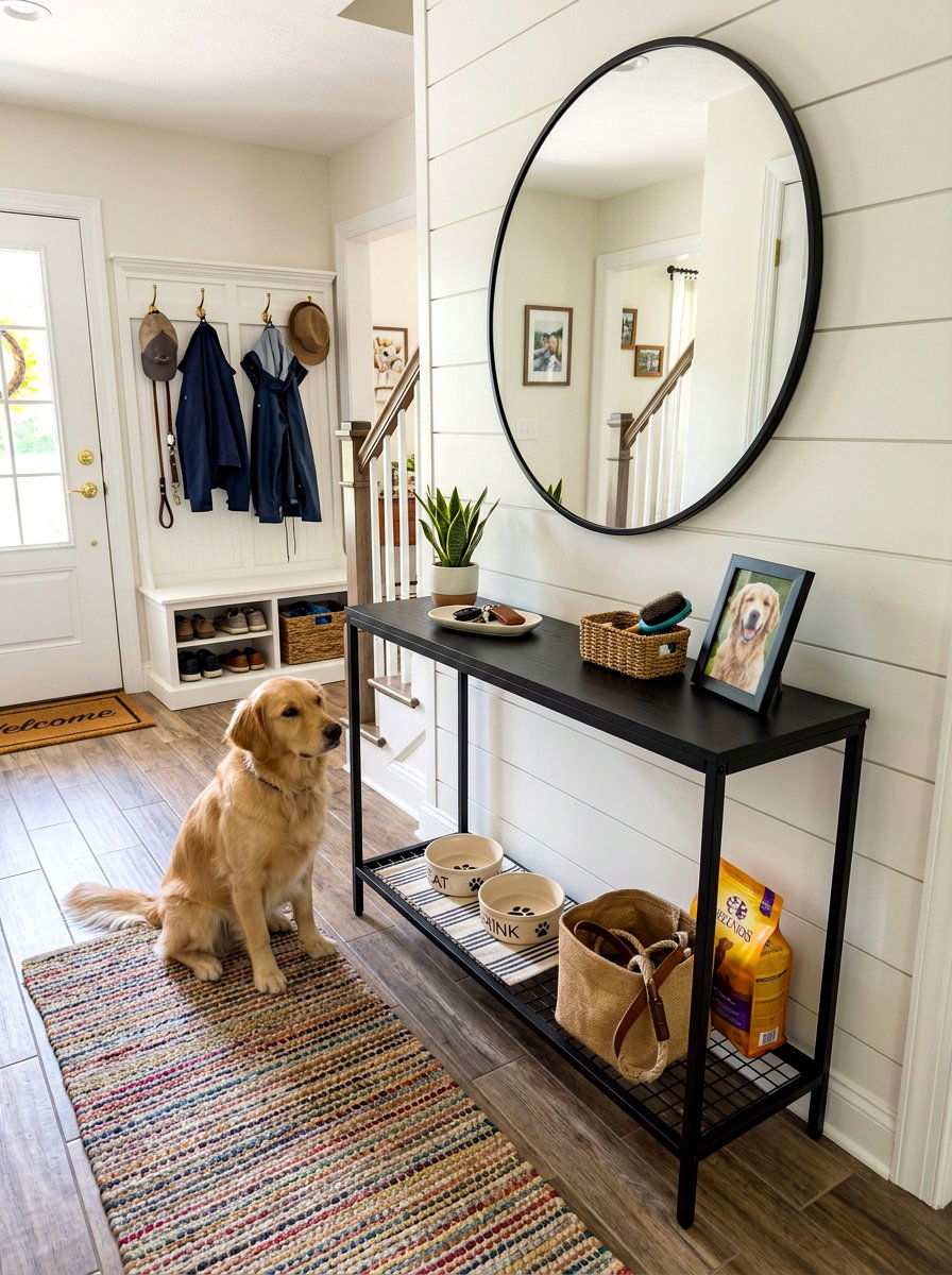 Mudroom Table Pet Station - 30 mudroom pet feeding ideas