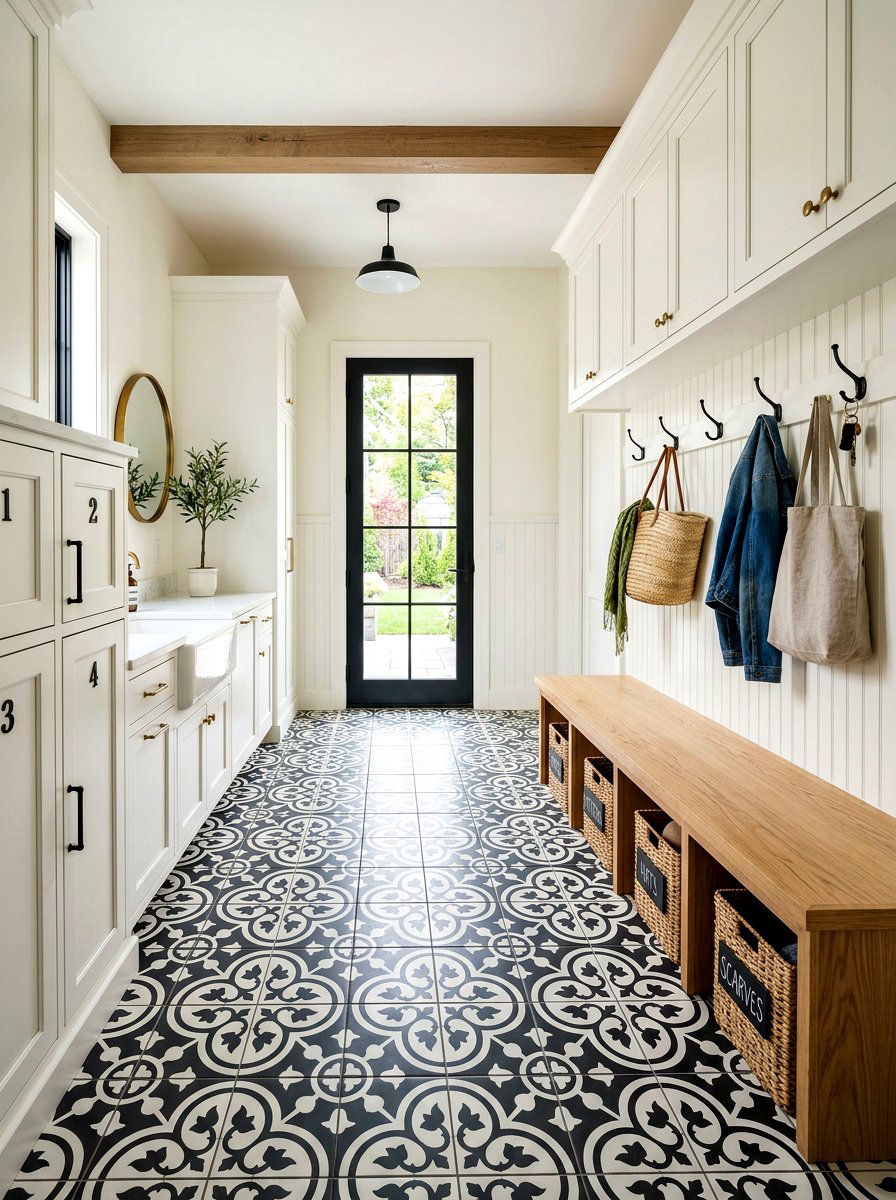 Mudroom With Patterned Tile - 30 farmhouse mudroom ideas