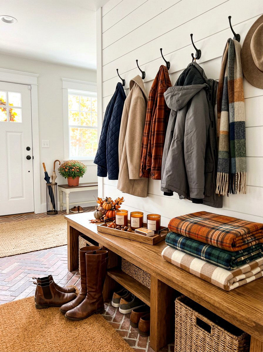 Mudroom bench fall candle decor - 30 candle heavy fall decor ideas