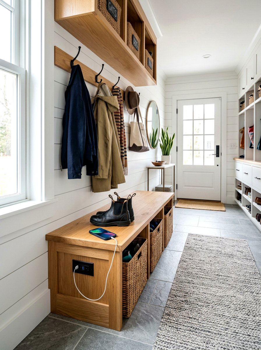 Mudroom bench with USB - 30 charging station ideas