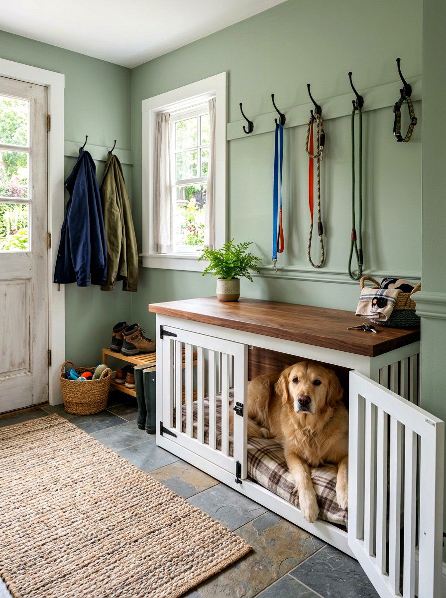 Mudroom dog crate bench - 30 Pinterest dog room ideas