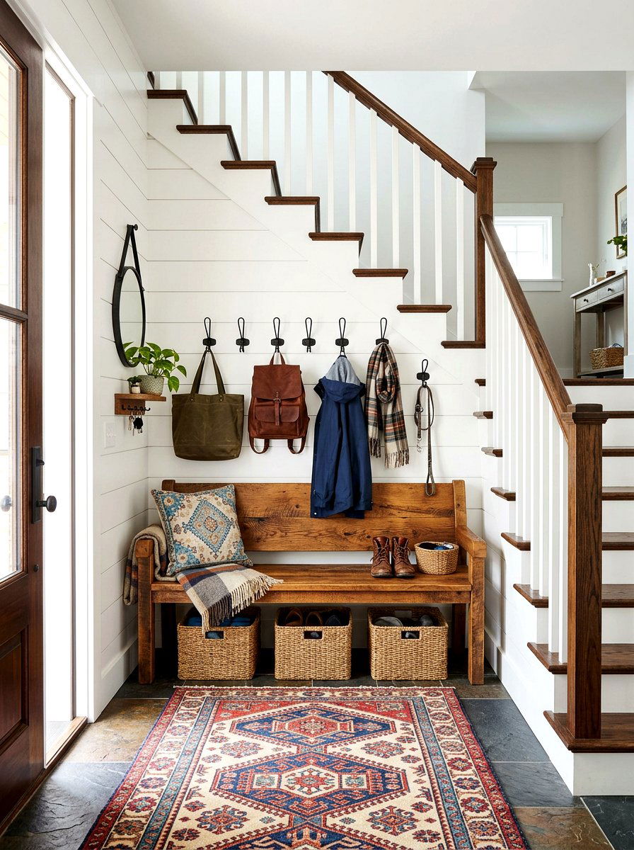 Mudroom entryway under stairs - 30 stair nook decor ideas