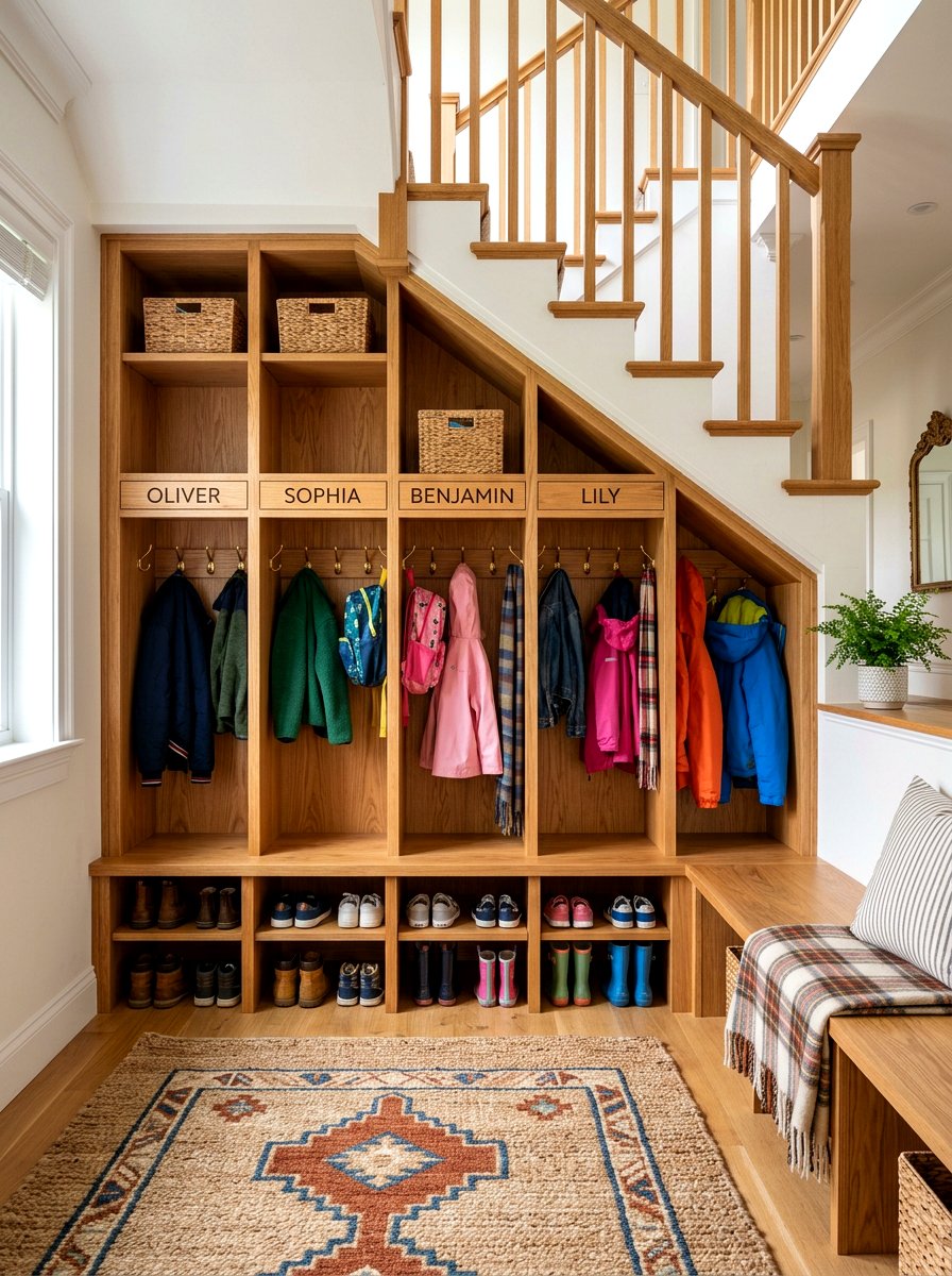 Mudroom locker under stairs - 30 under stairs storage ideas