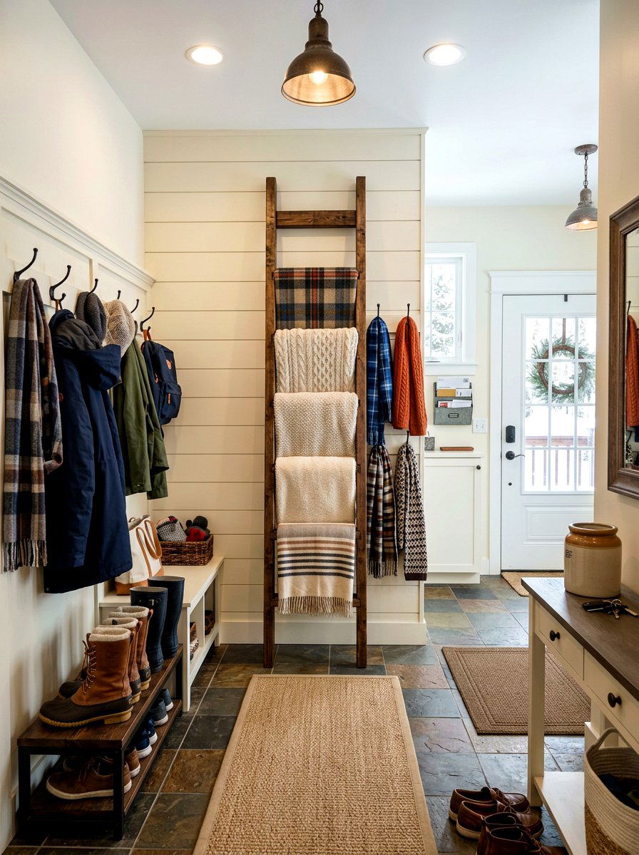 Mudroom storage blanket ladder - 30 corner ladder blanket ideas