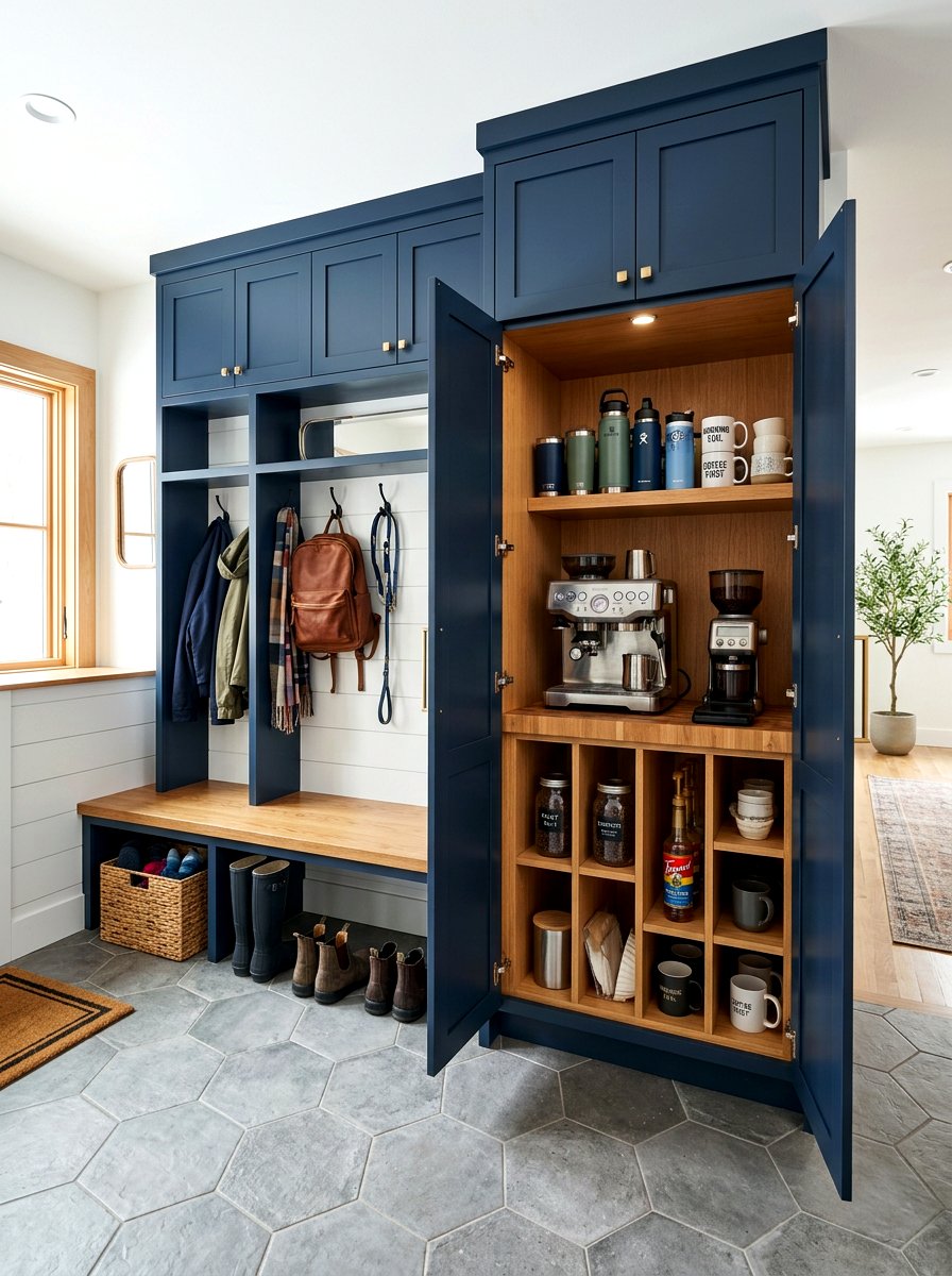 Mudroom transition coffee pantry - 30 hidden coffee pantry ideas