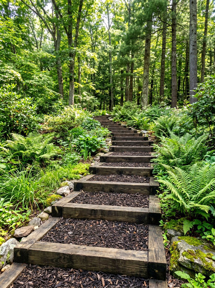 Mulch And Timber Stairs - 30 side yard walkway ideas