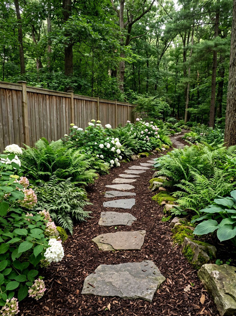 Mulch and stone path - 30 narrow side yard path ideas