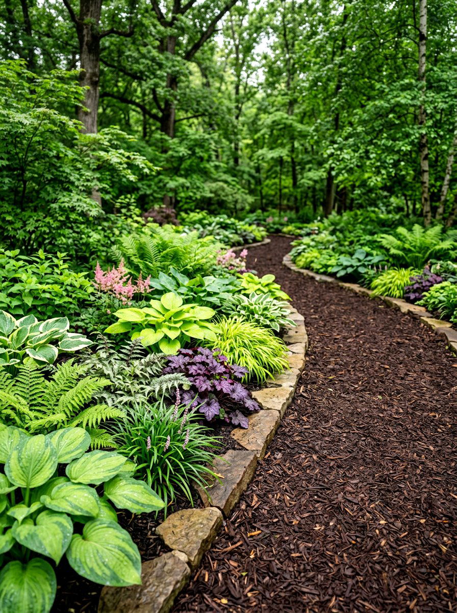 Mulched Pathway Border - 30 shaded side yard ideas