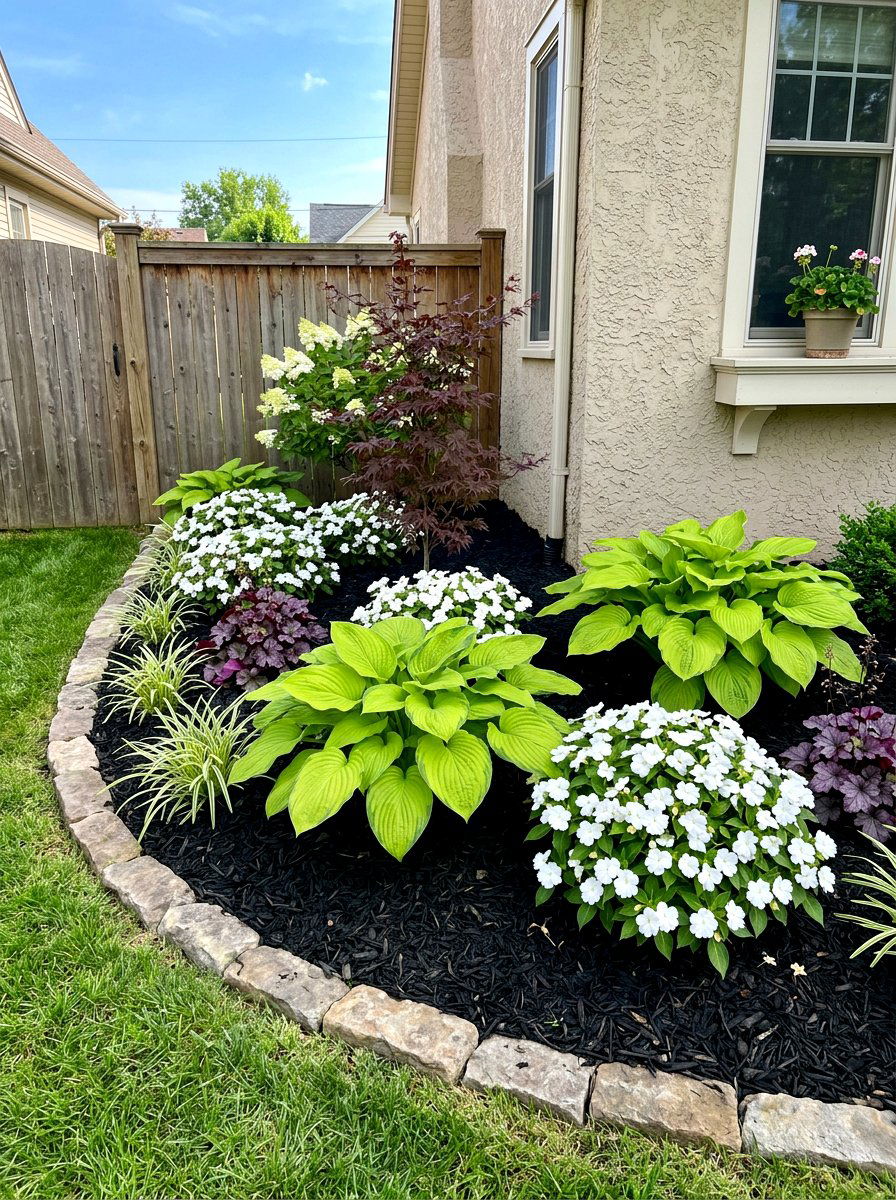 Mulched corner garden bed - 30 corner flower bed ideas