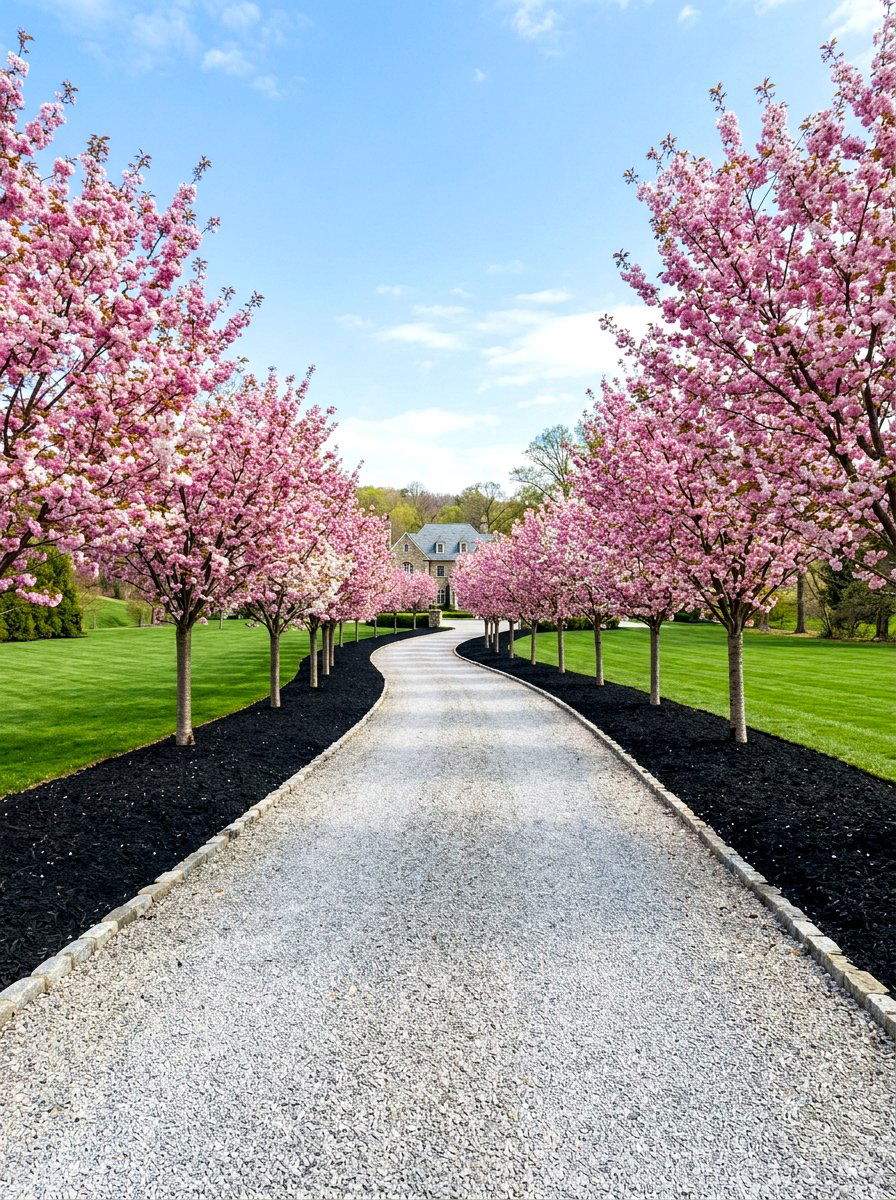 Mulched driveway tree line - 30 driveway side garden ideas