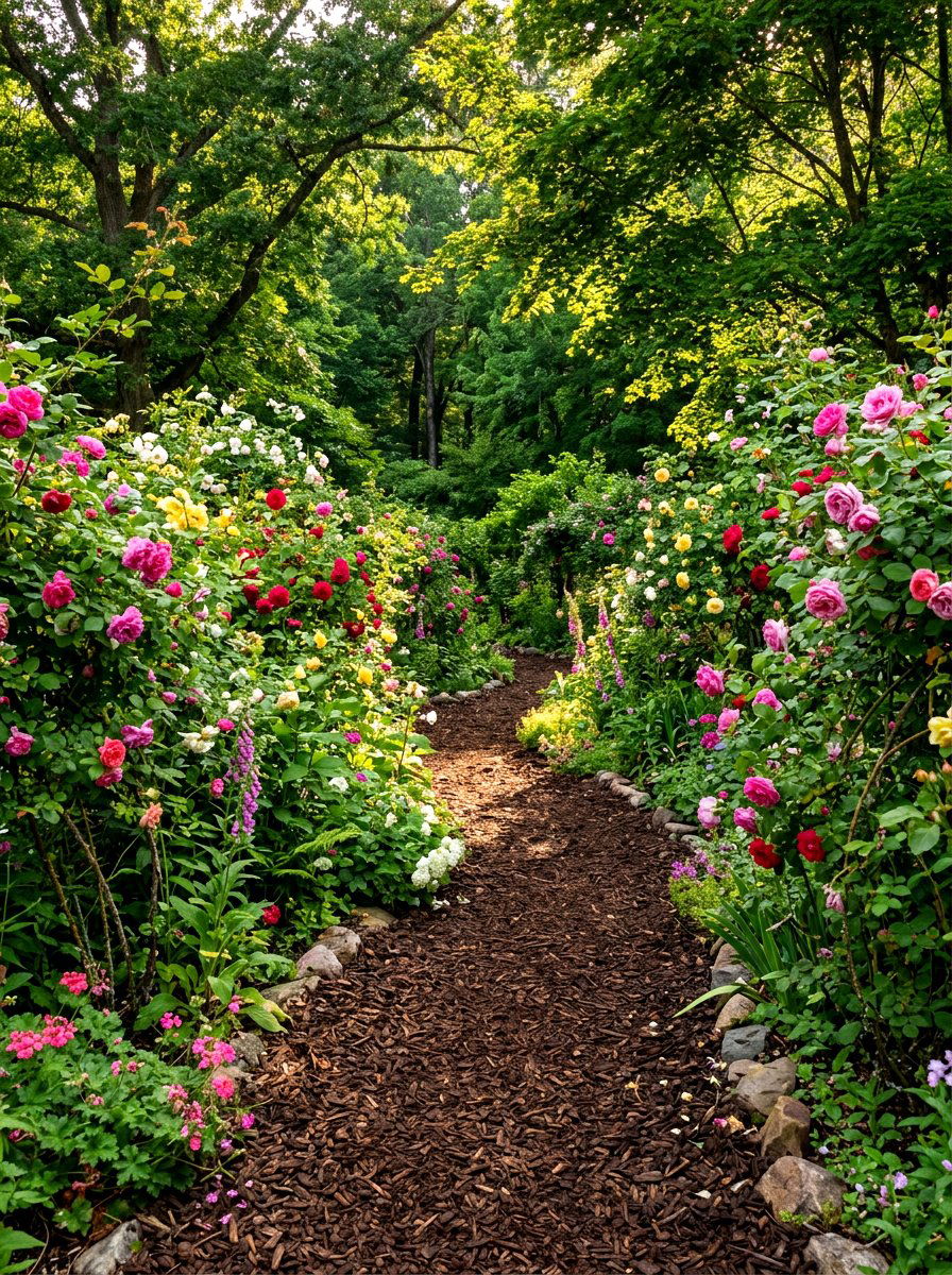 Mulched rose garden trail - 30 rose garden walkway ideas