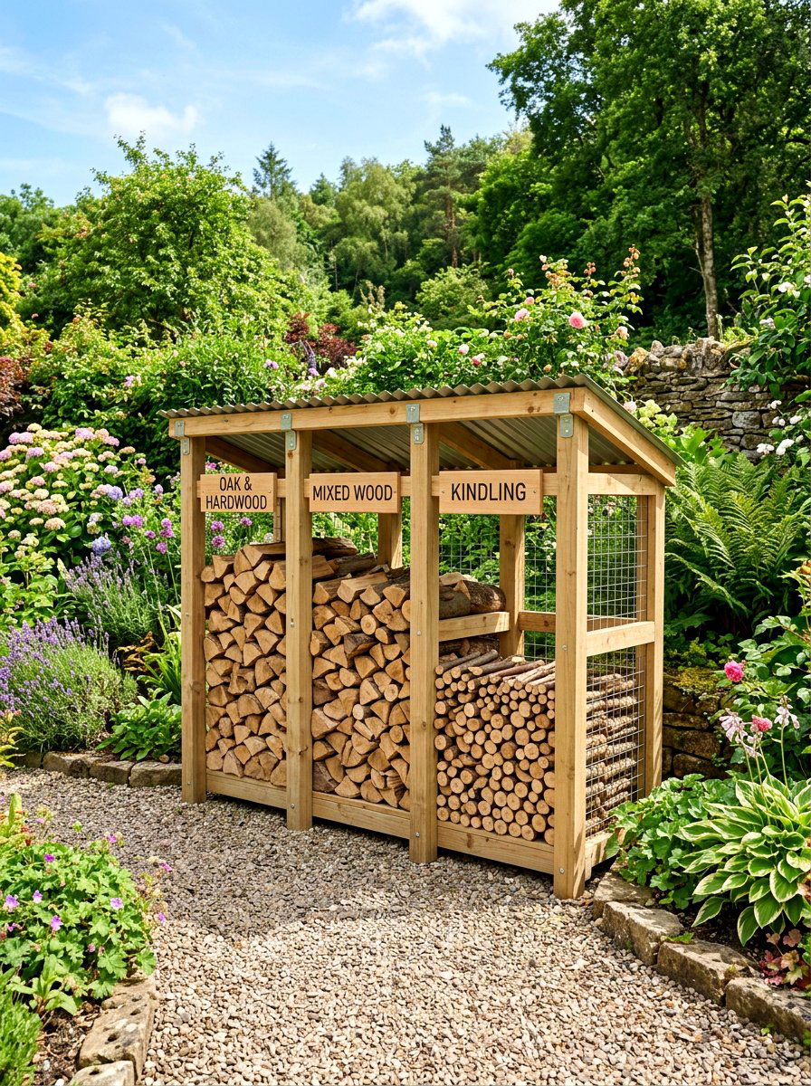 Multi Bay Firewood Organizer - 30 wood storage shed ideas