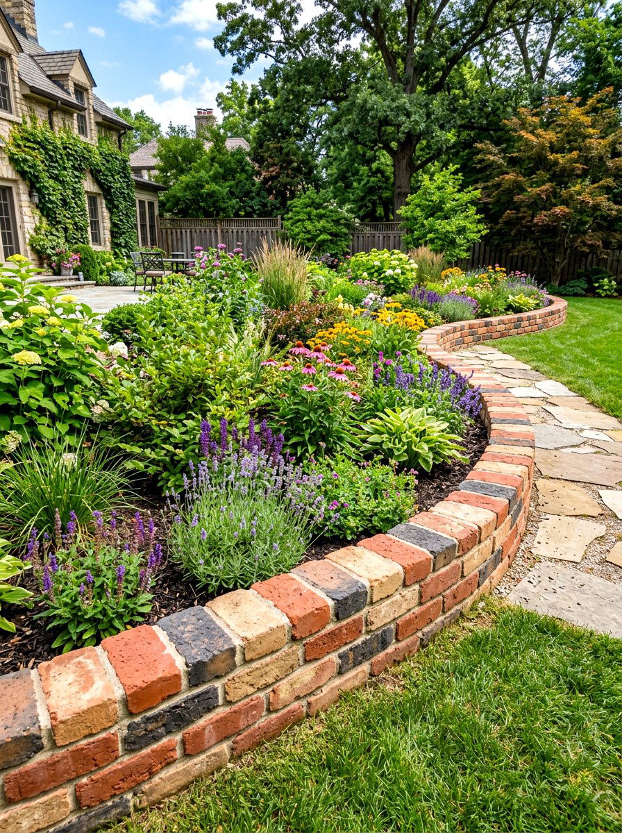 Multi Color Brick Edging - 30 brick border front yard ideas