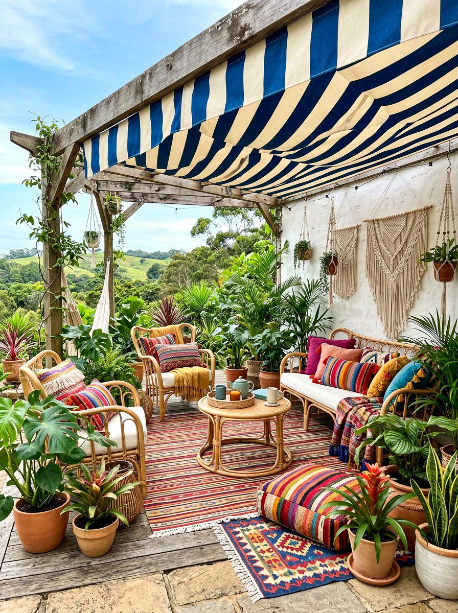 Multi Color Stripe Boho Patio - 30 cabana stripe patio ideas