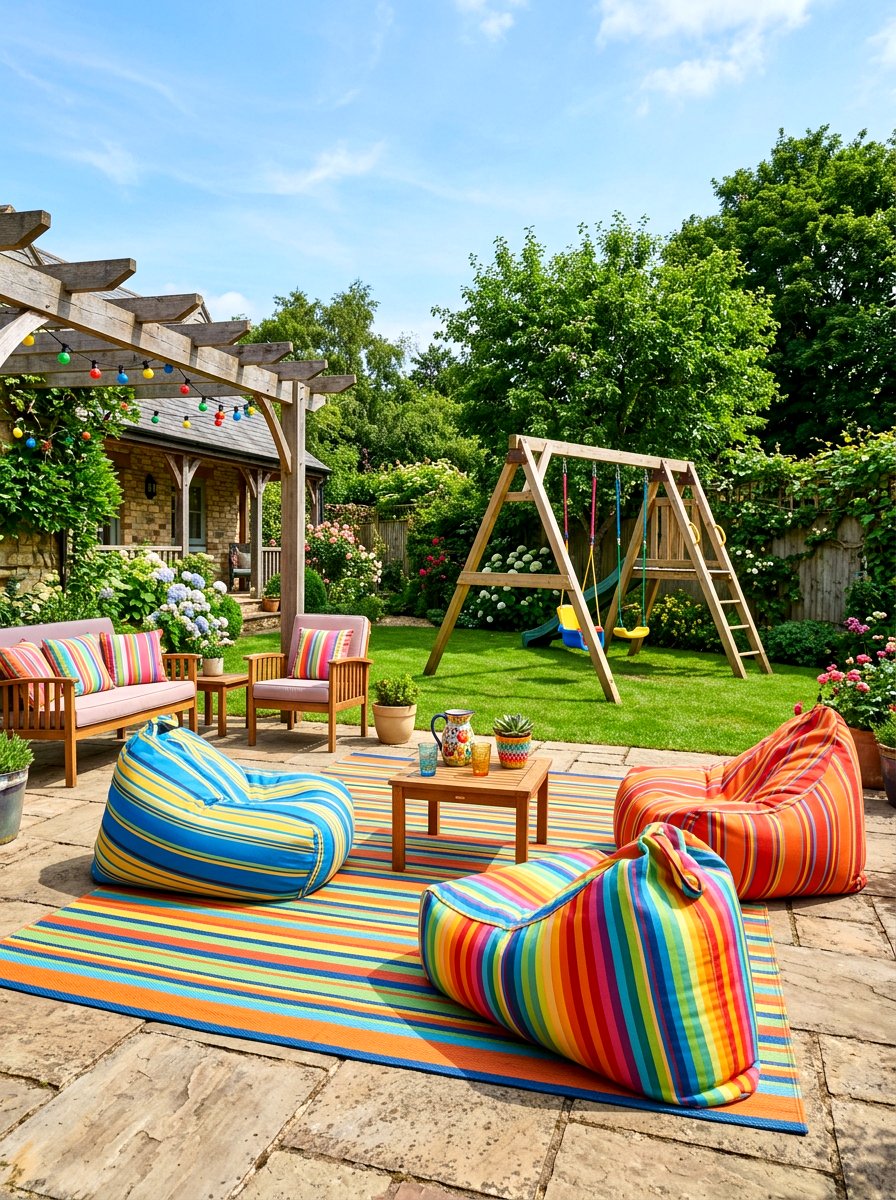 Multi Color Striped Playful Family Patio - 30 striped cabana backyard ideas