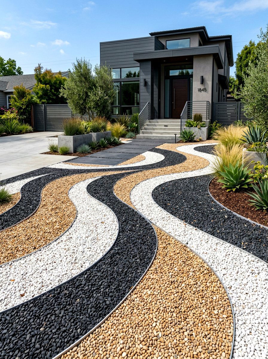 Multi Colored Gravel Pattern - 30 gravel front yard landscaping ideas