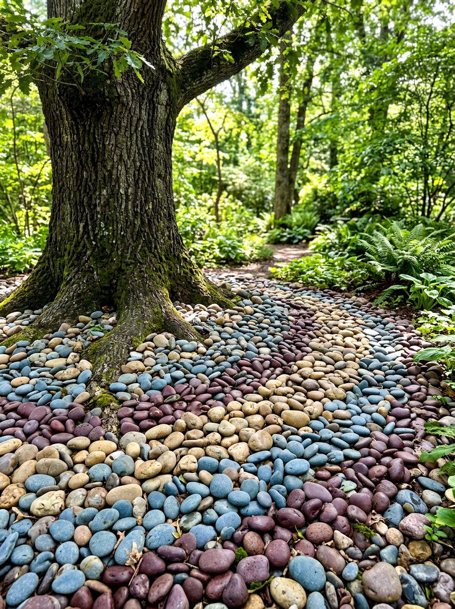 Multi Colored River Stone - 30 rock mulch front yard ideas