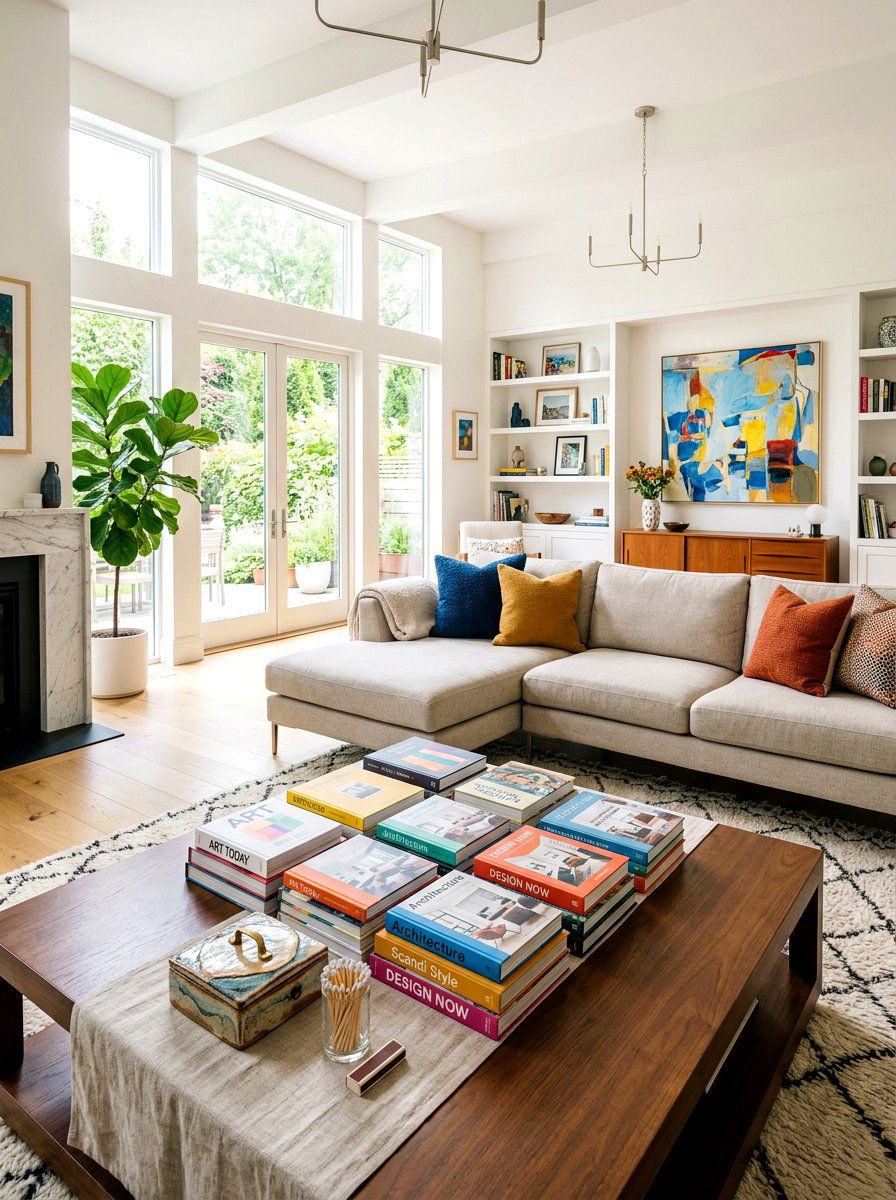Multi Directional Book Stack Layout - 30 coffee table book styling ideas
