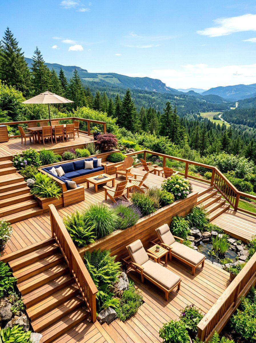 Multi Level Cedar Platform Lounge - 30 warm wood patio lounge ideas