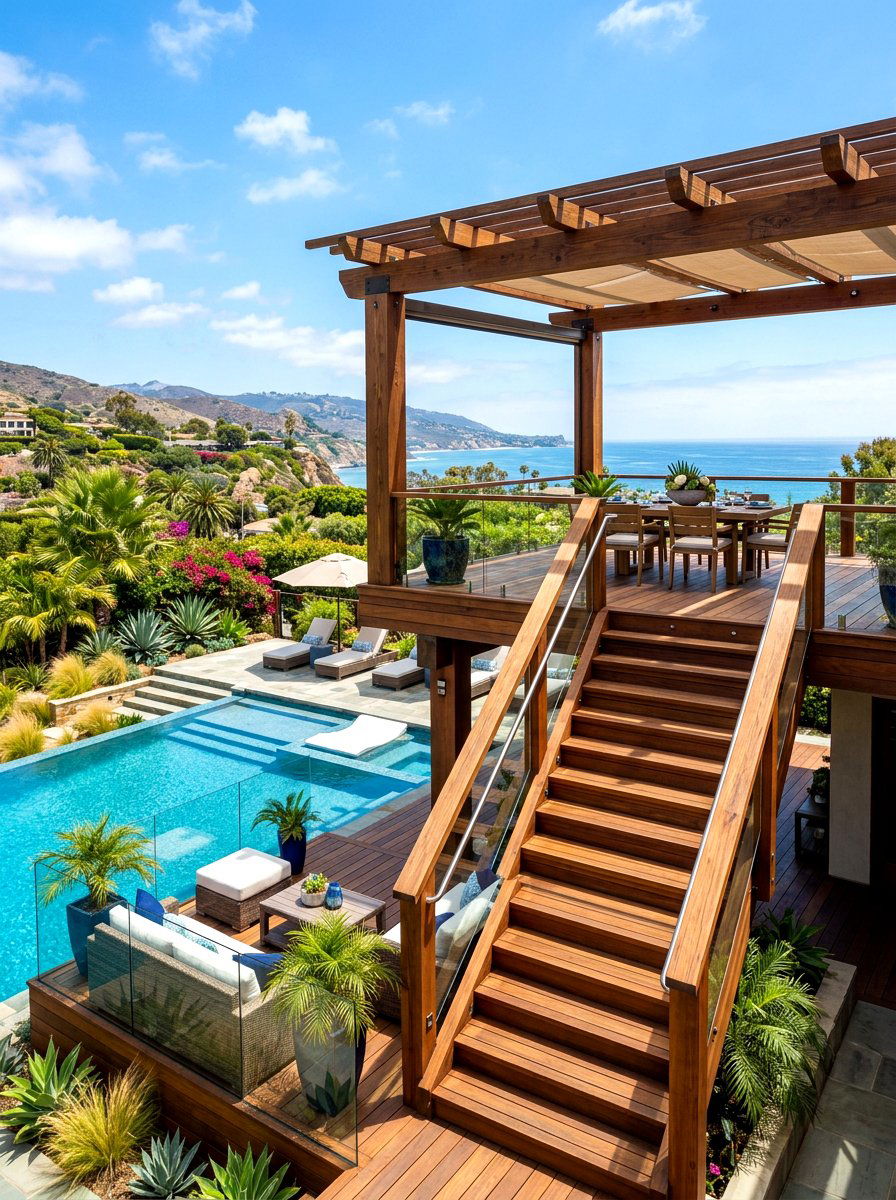 Multi Level Poolside Pergola Deck - 30 poolside pergola lounge ideas