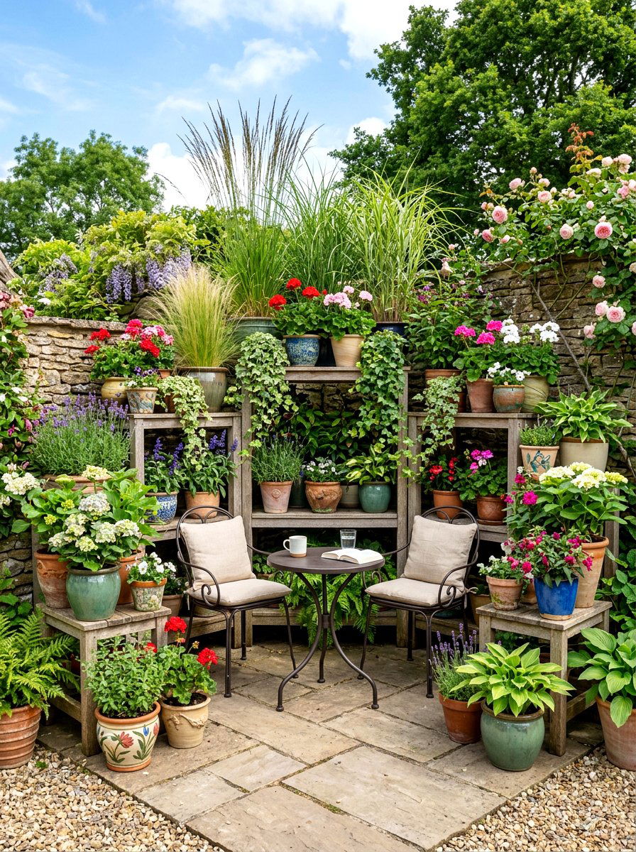 Multi Level Potted Plants - 30 summer patio hosting ideas