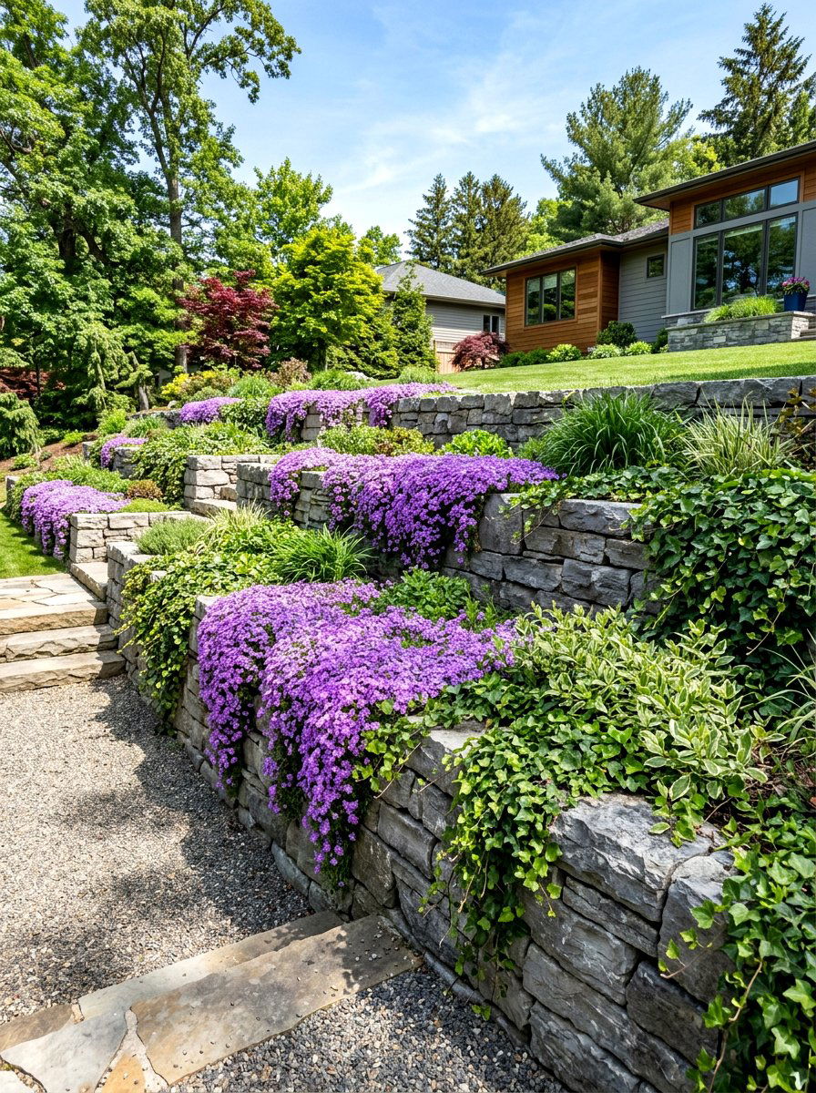 Multi Level Retaining Wall Garden - 30 front porch flower bed ideas