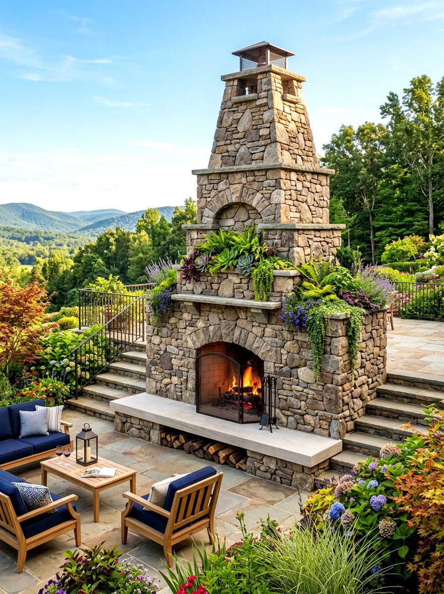 Multi Level Stone Fireplace - 30 stone outdoor fireplace ideas