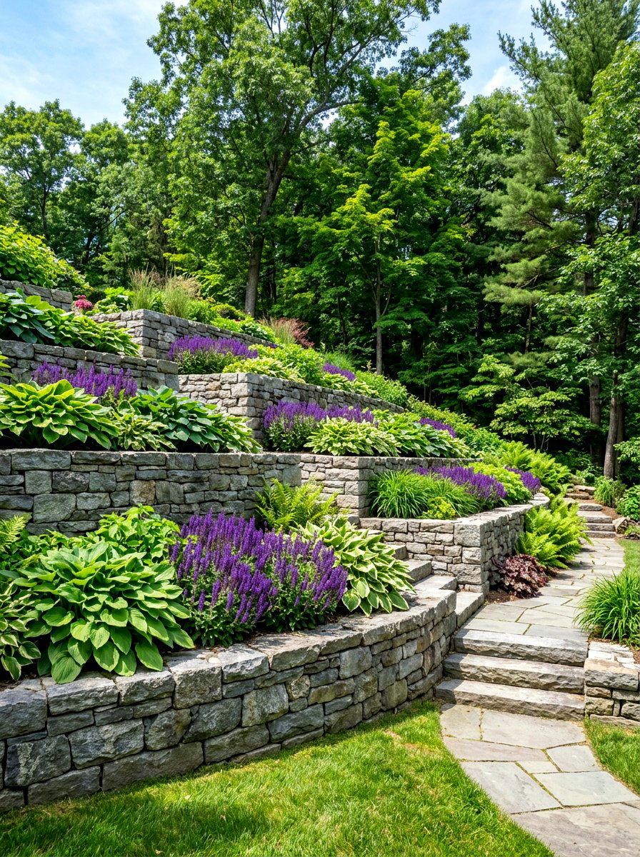 Multi Level Stone Retaining Wall - 30 slope garden ideas