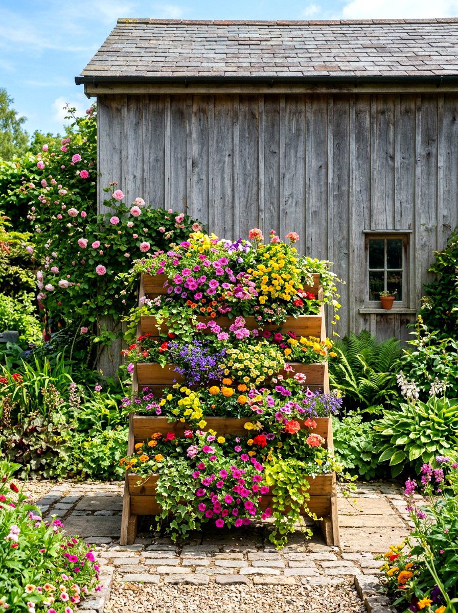 Multi Level Tiered Box - 30 shed flower box ideas
