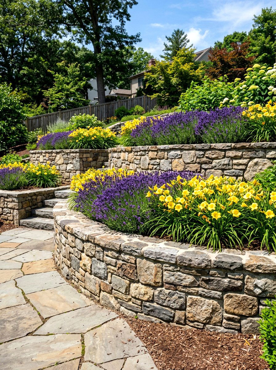 Multi Level Tiered Retaining Wall Beds - 30 foundation flower bed ideas