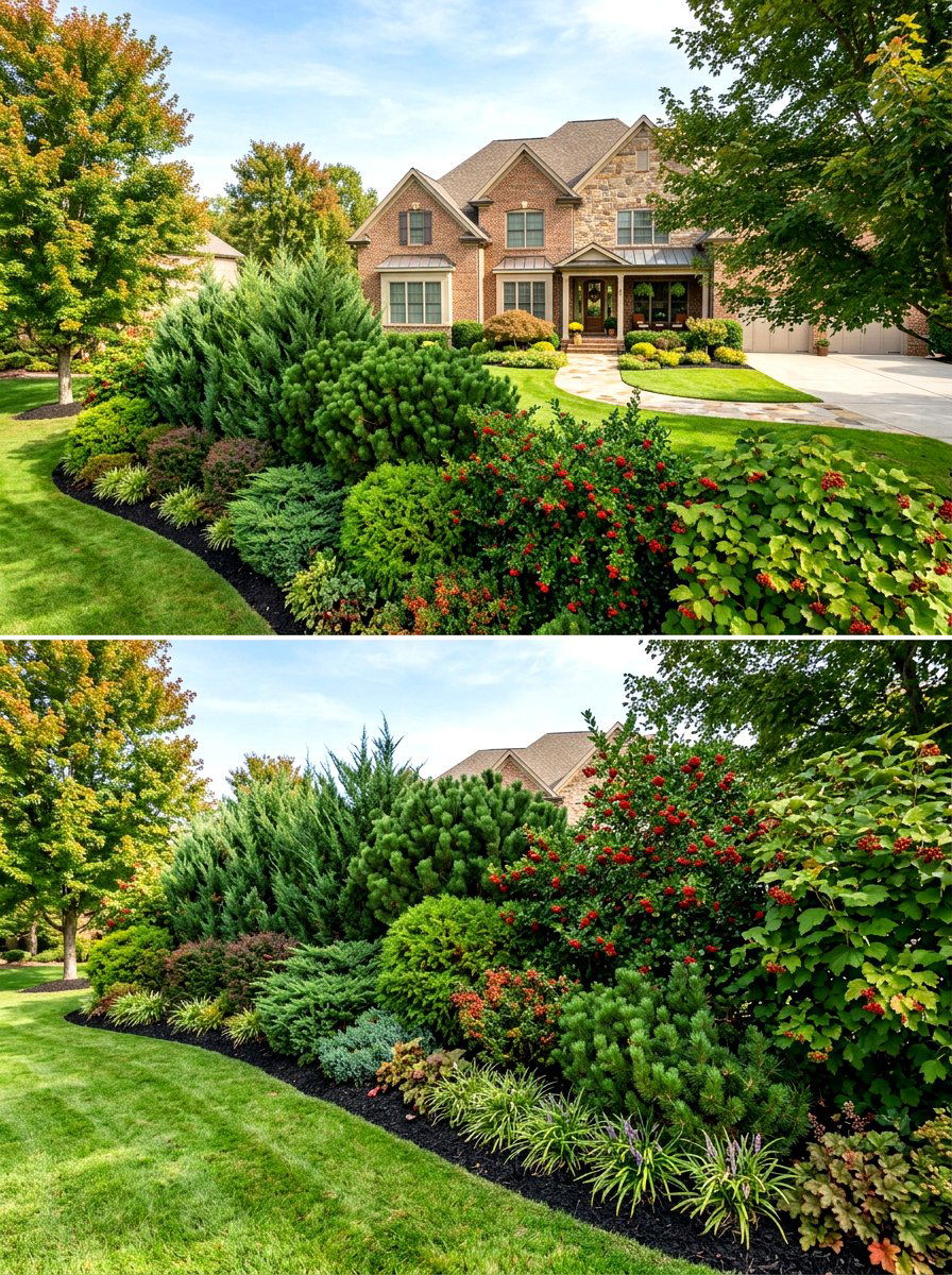Multi Textured Shrub Layer - 30 layered hedge front yard ideas