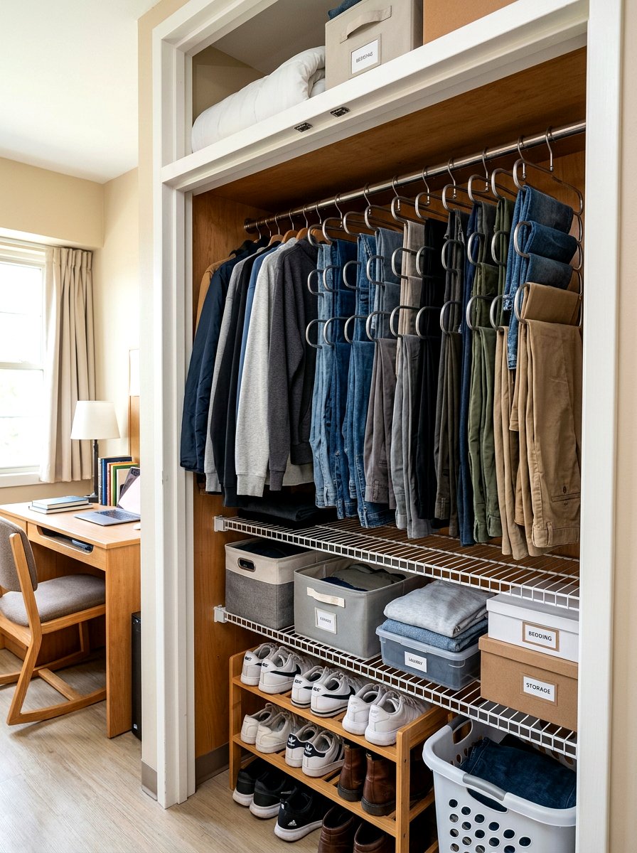 Multi Tiered Pant Hangers - 30 dorm storage ideas