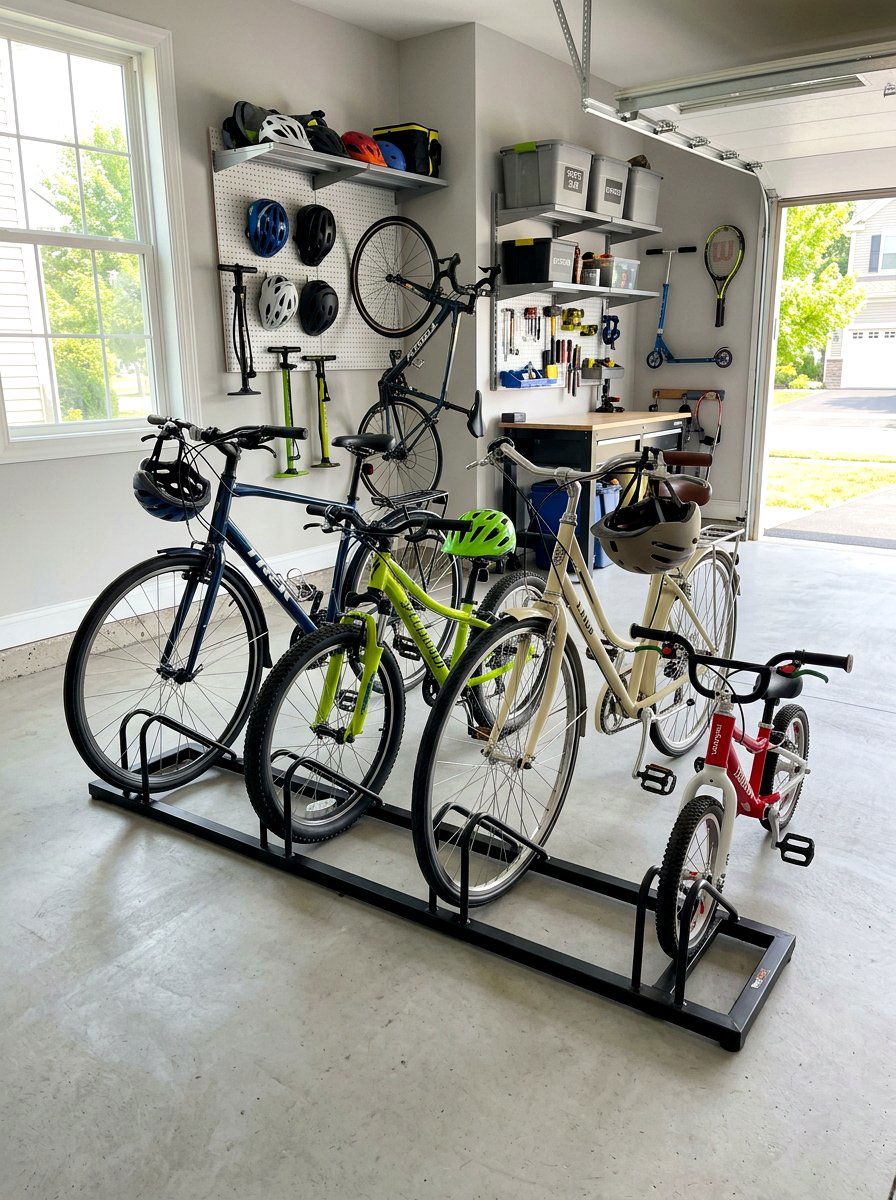 Multi bike floor parking rack - 30 garage bike storage ideas