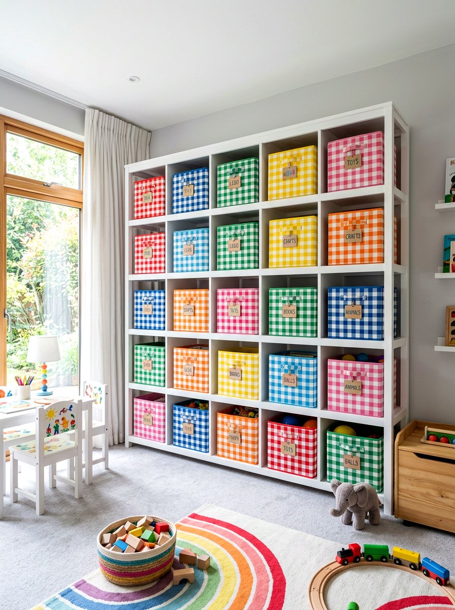 Multi color checkered storage bins - 30 bright checkerboard decor ideas