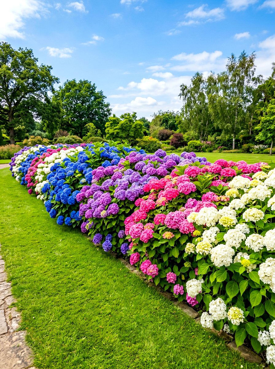 Multi color hydrangea flower wall - 30 hydrangea hedge ideas