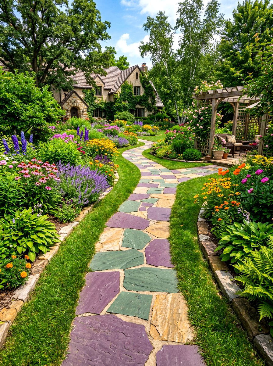Multi colored flagstone path - 30 stepping stones through grass ideas