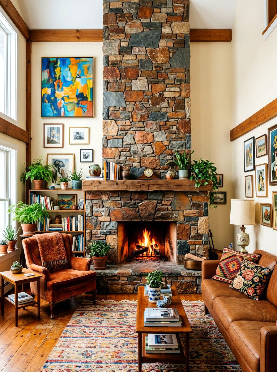 Multi colored stone fireplace - 30 stone fireplace ideas