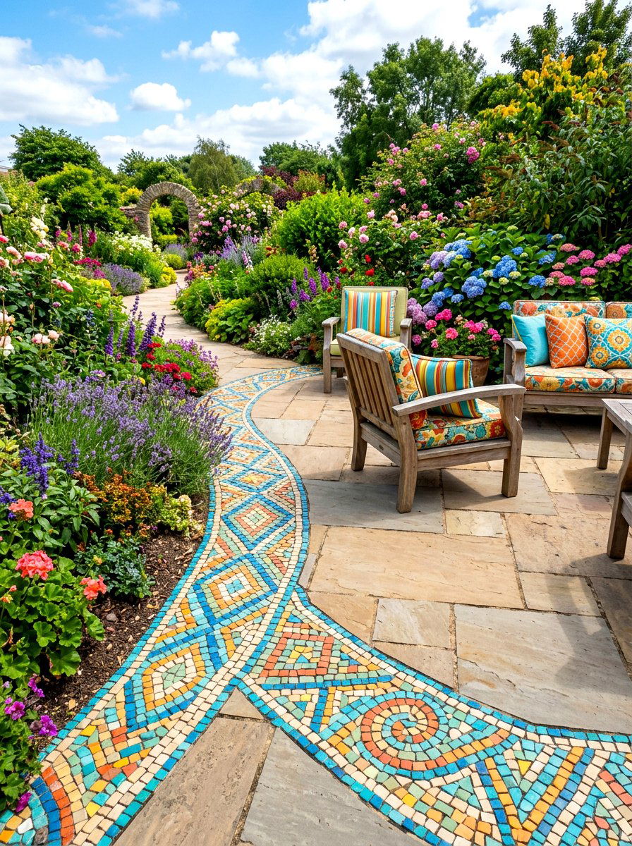 Multi colored stone mosaic border - 30 patio paver border ideas