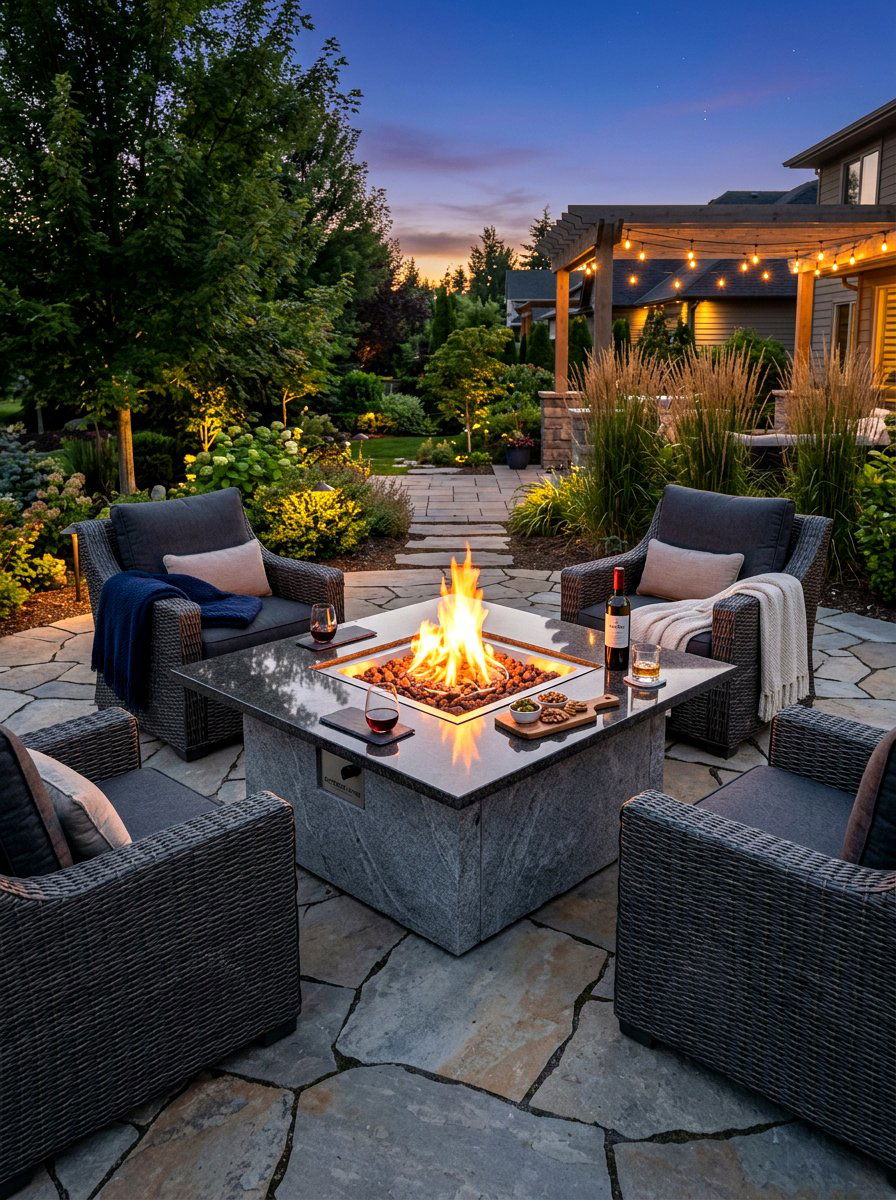 Multi functional fire table - 30 patio fireplace lounge ideas