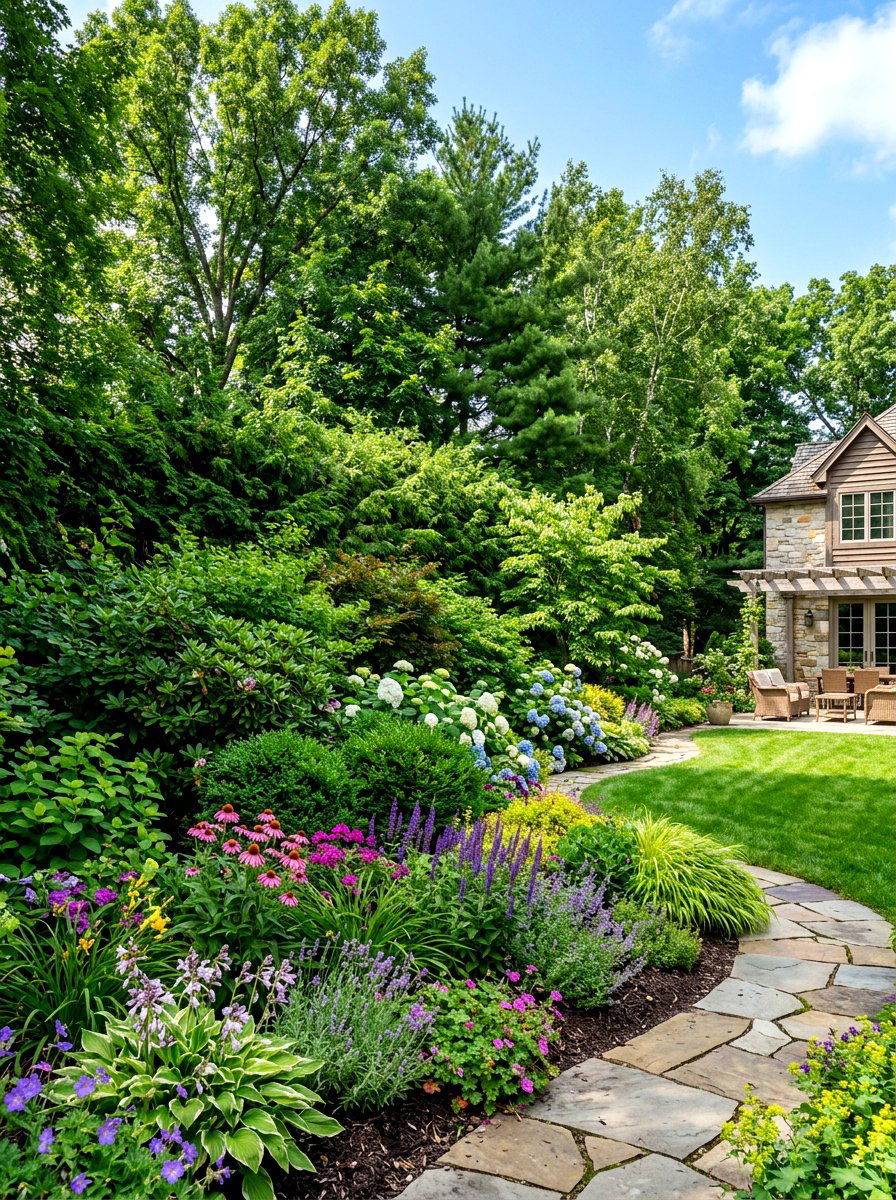 Multi layered planting - 30 bird friendly backyard landscaping ideas