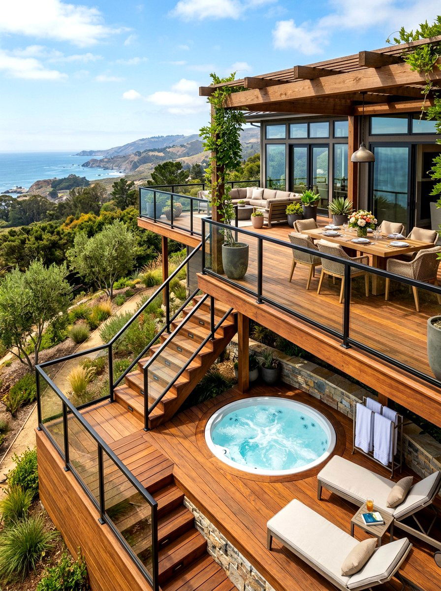 Multi level Deck - 30 hot tub patio decor ideas aesthetic