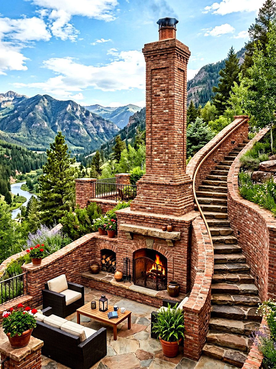 Multi level brick fireplace terrace - 30 brick outdoor fireplace ideas