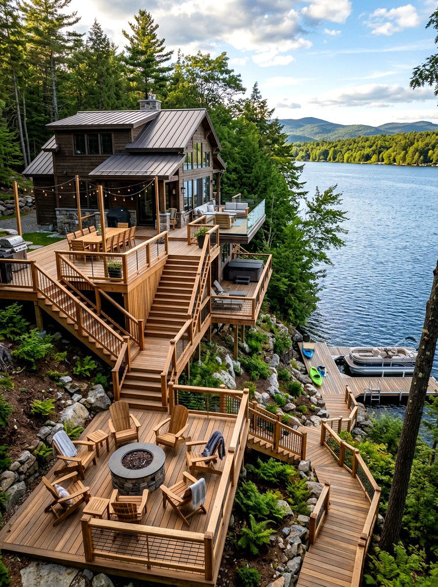 Multi level deck lake house - 30 lake house exterior ideas