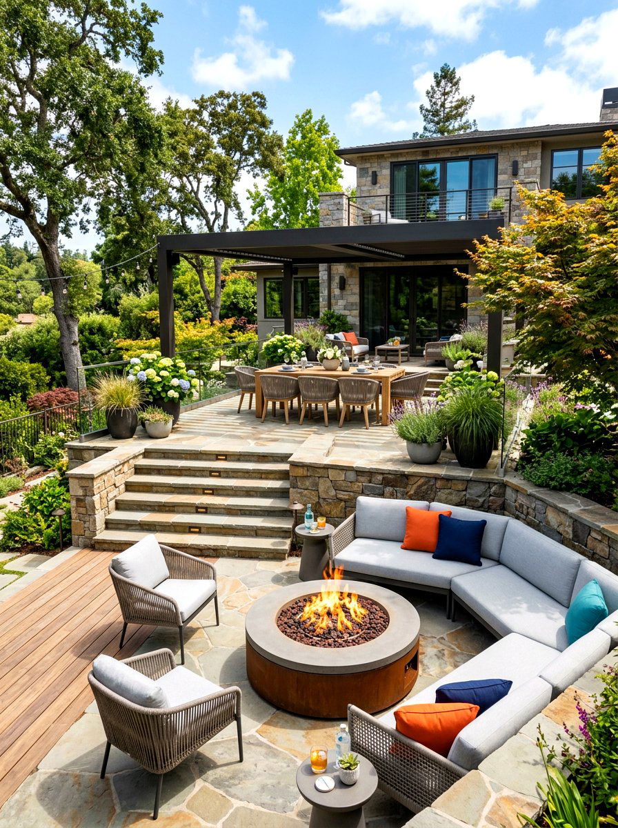 Multi level fire pit patio - 30 gas fire lounge patio ideas