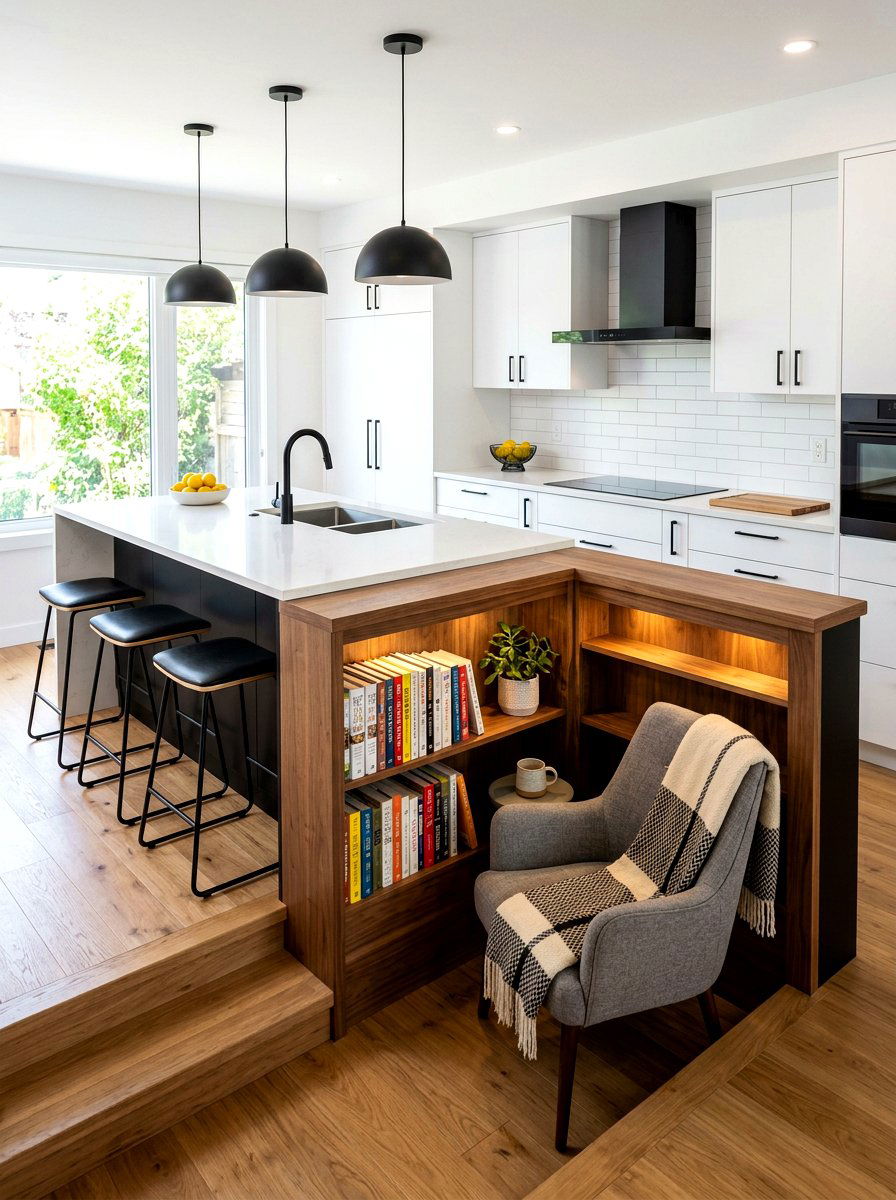 Multi level kitchen island with book nook - 30 island bookshelf ideas