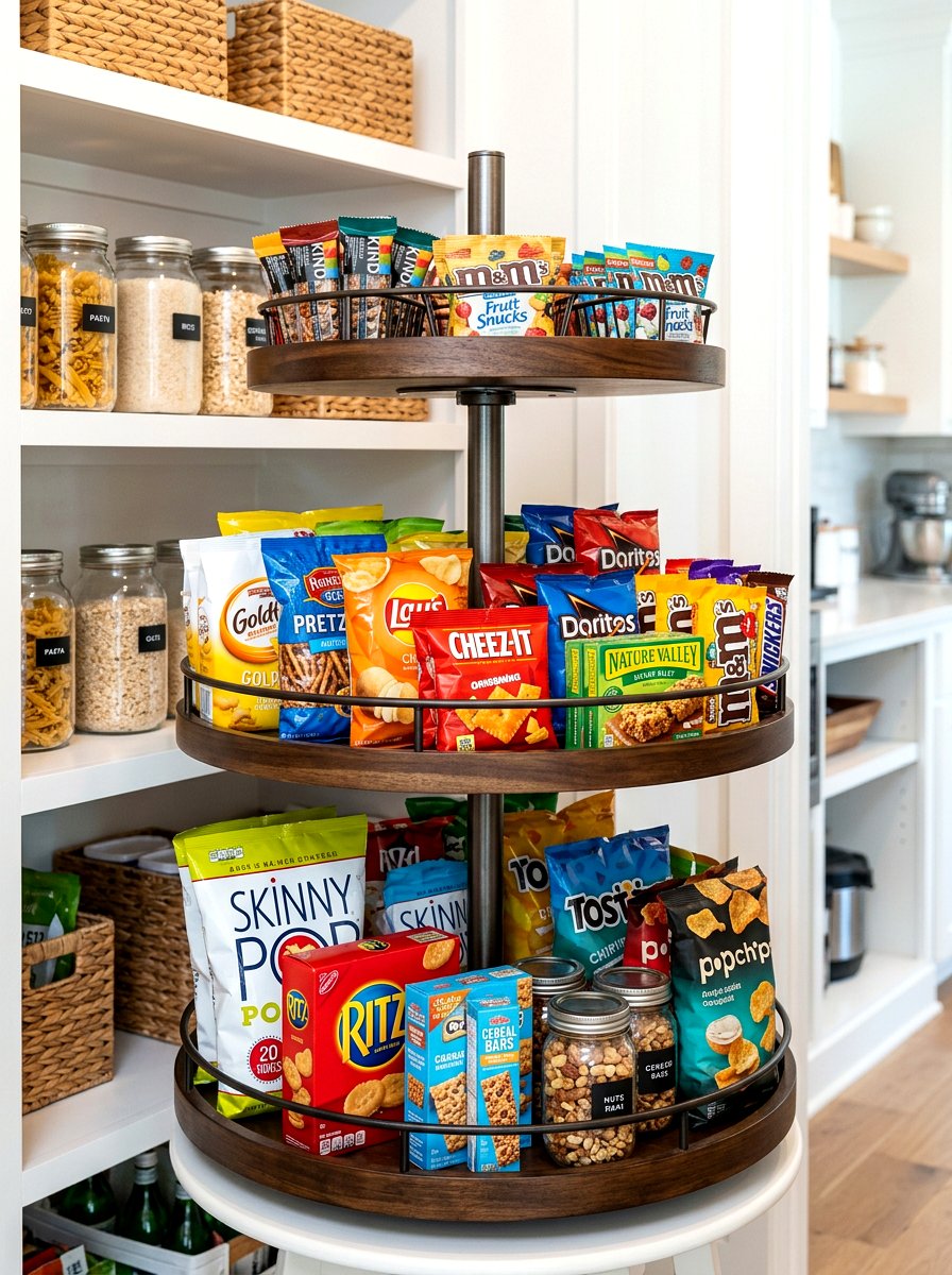 Multi level lazy Susan for snacks - 30 lazy Susan pantry ideas