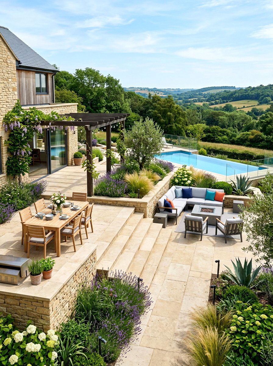 Multi level limestone patio - 30 limestone backyard patio ideas